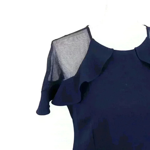 Eliza J Navy Blue Sheer Ruffle Sleeve Crew Neck Sheath Midi Dress Size 8 - Picture 7 of 9